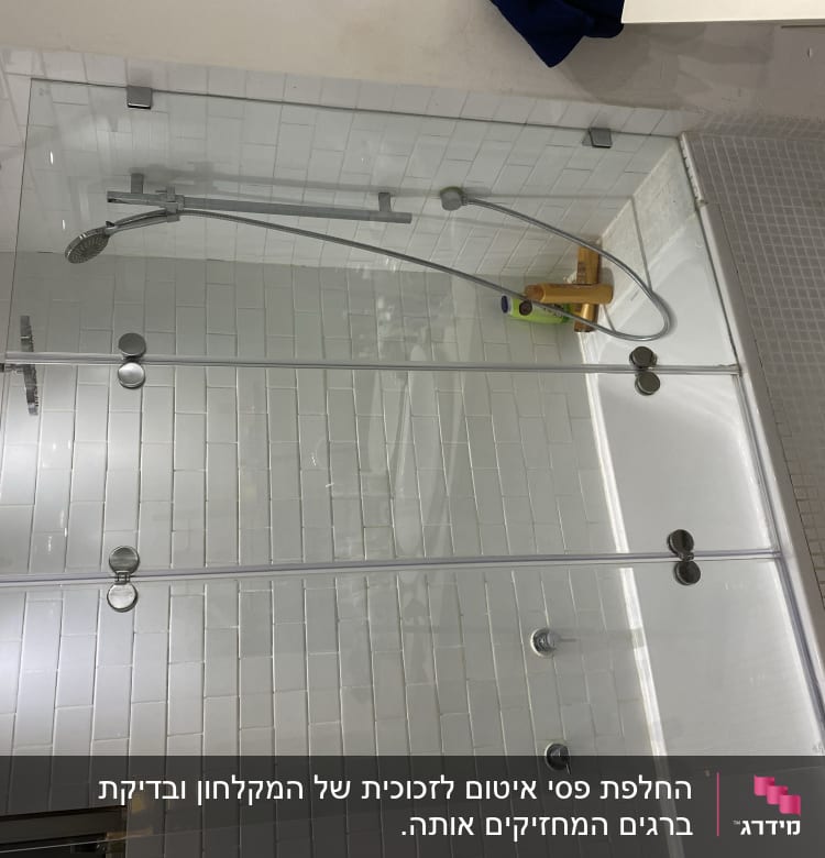 מקלחת עם דלת זכוכית, ראש מקלחת ובקבוקי שמפו